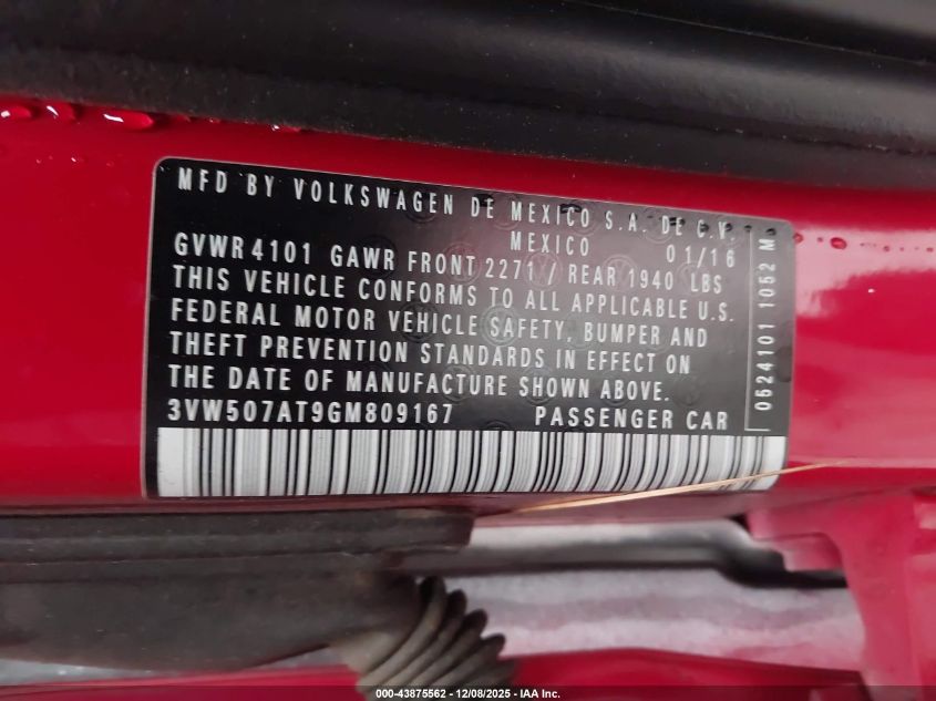 2016 Volkswagen Beetle 1.8T Se VIN: 3VW507AT9GM809167 Lot: 43875562