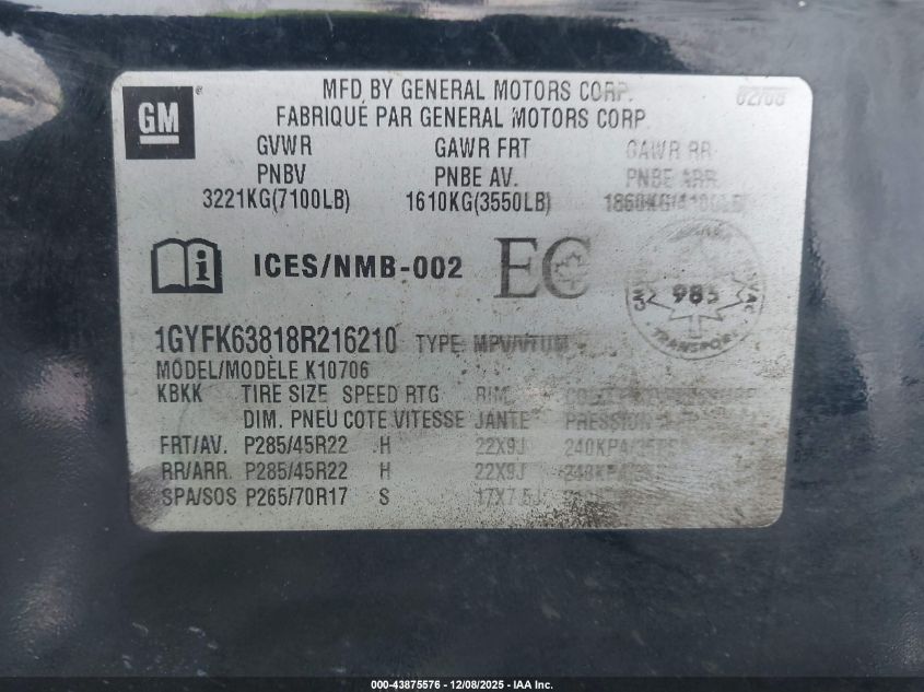 2008 Cadillac Escalade Standard VIN: 1GYFK63818R216210 Lot: 43875576