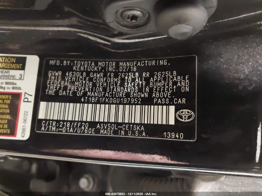 2016 Toyota Camry Se VIN: 4T1BF1FK0GU197952 Lot: 43875582