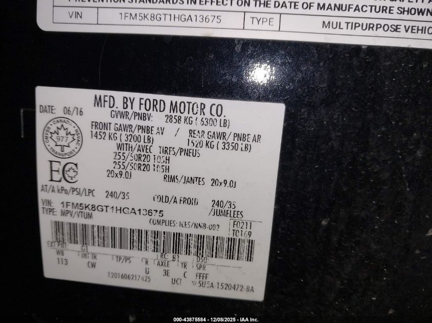 2017 Ford Explorer Sport VIN: 1FM5K8GT1HGA13675 Lot: 43875584