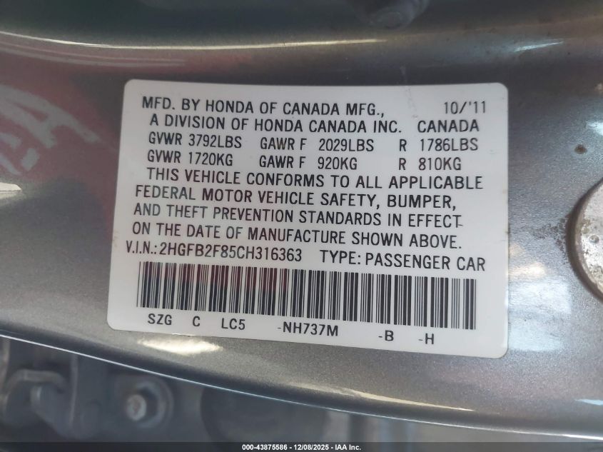2012 Honda Civic Ex VIN: 2HGFB2F85CH316363 Lot: 43875586