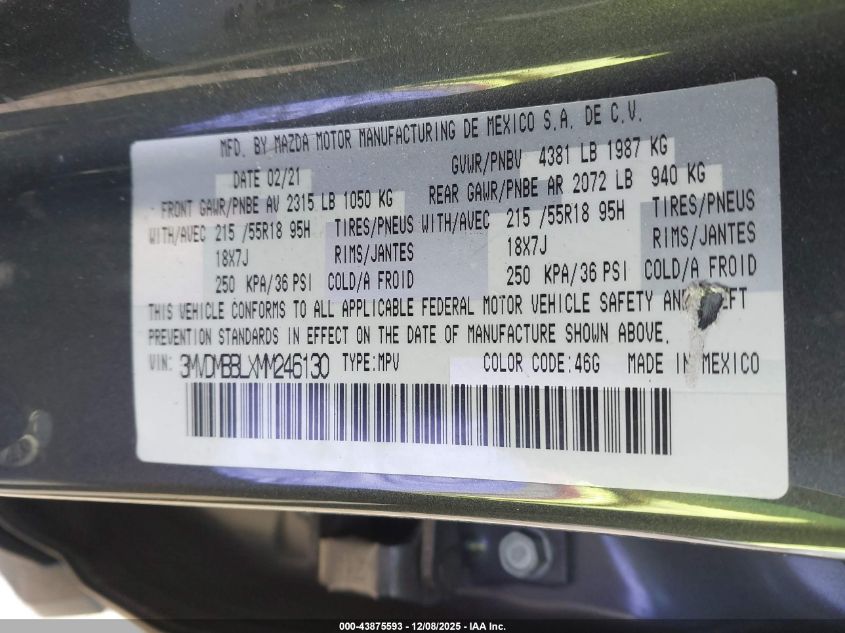 2021 Mazda Cx-30 Select VIN: 3MVDMBBLXMM246130 Lot: 43875593