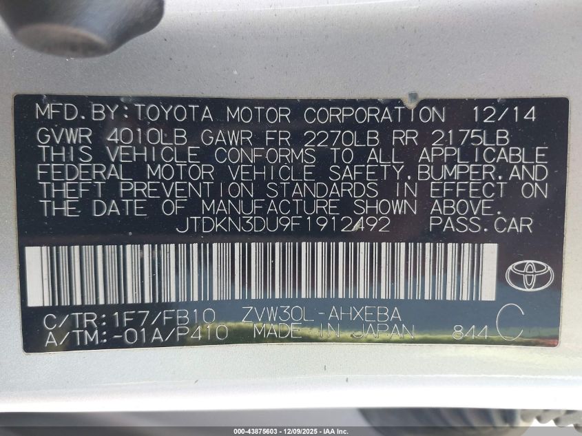 2015 Toyota Prius Two VIN: JTDKN3DU9F1912492 Lot: 43875603