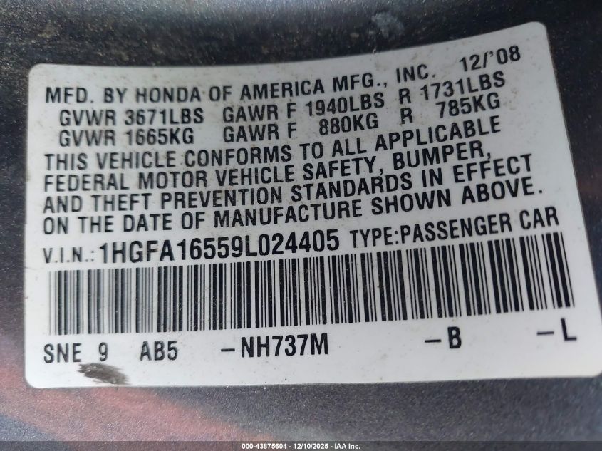 2009 Honda Civic Lx VIN: 1HGFA16559L024405 Lot: 43875604