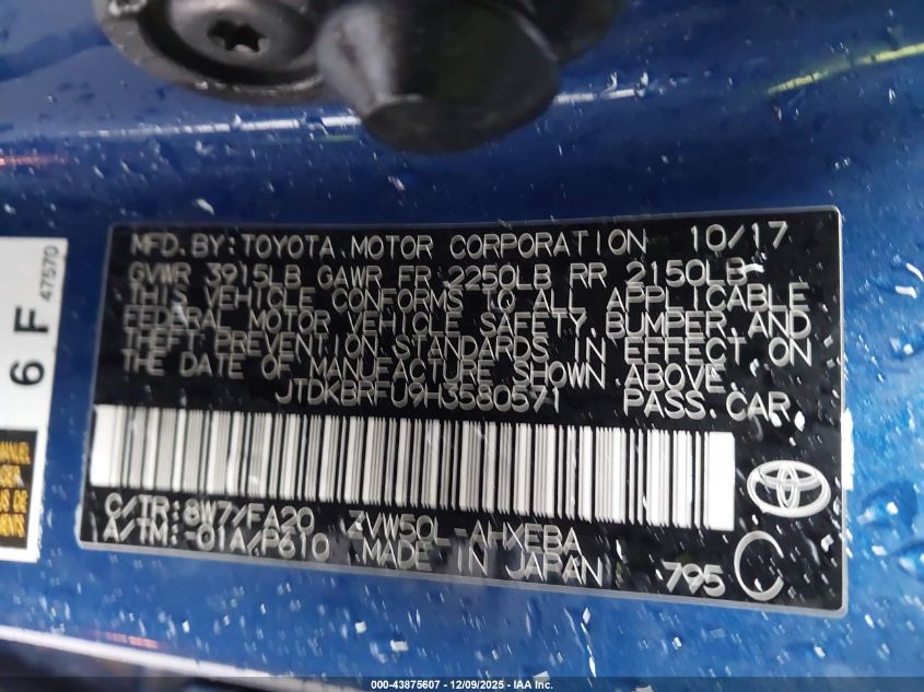 2017 Toyota Prius One VIN: JTDKBRFU9H3580571 Lot: 43875607