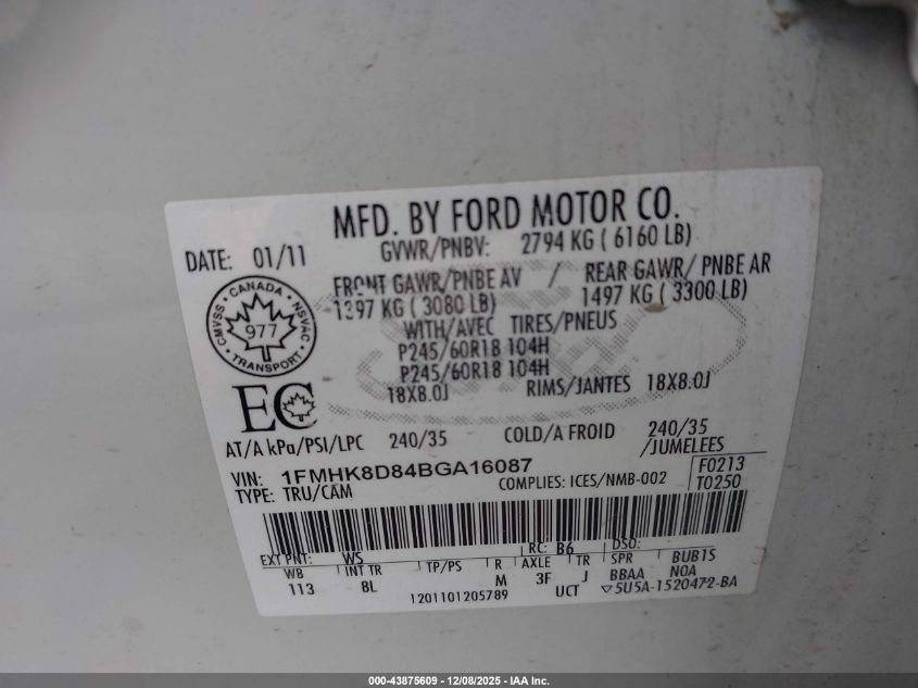 2011 Ford Explorer Xlt VIN: 1FMHK8D84BGA16087 Lot: 43875609