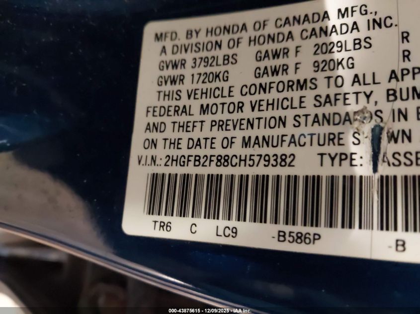 2012 Honda Civic Ex VIN: 2HGFB2F88CH579382 Lot: 43875615