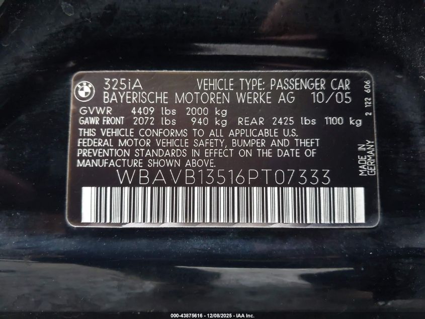 2006 BMW 325I VIN: WBAVB13516PT07333 Lot: 43875616