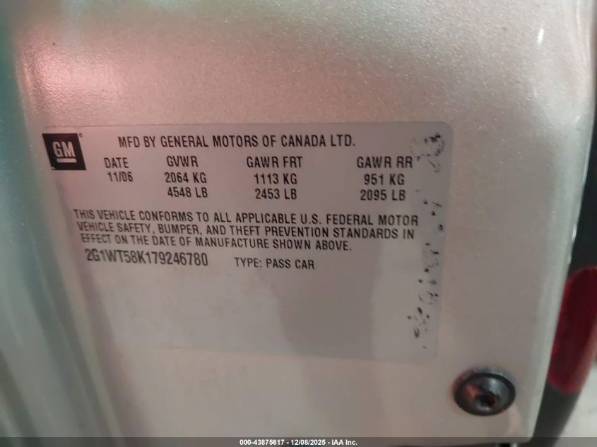 2007 Chevrolet Impala Lt VIN: 2G1WT58K179246780 Lot: 43875617