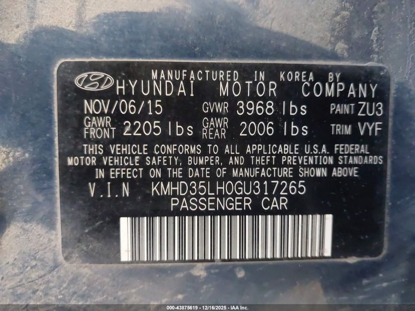 2016 Hyundai Elantra Gt VIN: KMHD35LH0GU317265 Lot: 43875619