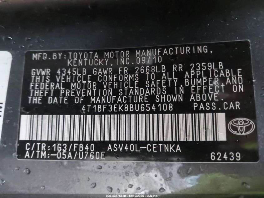 2011 Toyota Camry Le VIN: 4T1BF3EK8BU654108 Lot: 43875620