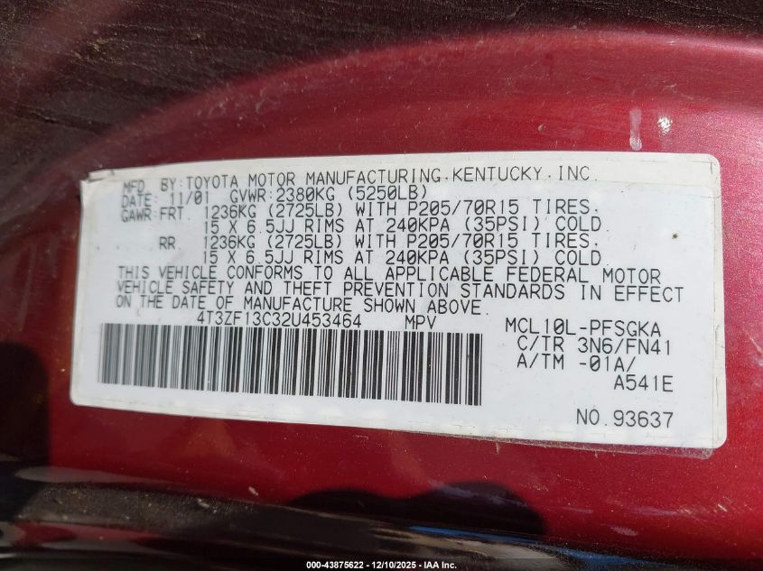 2002 Toyota Sienna Le VIN: 4T3ZF13C32U453464 Lot: 43875622