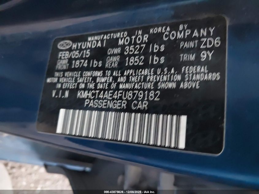 2015 Hyundai Accent Gls VIN: KMHCT4AE4FU879182 Lot: 43875626