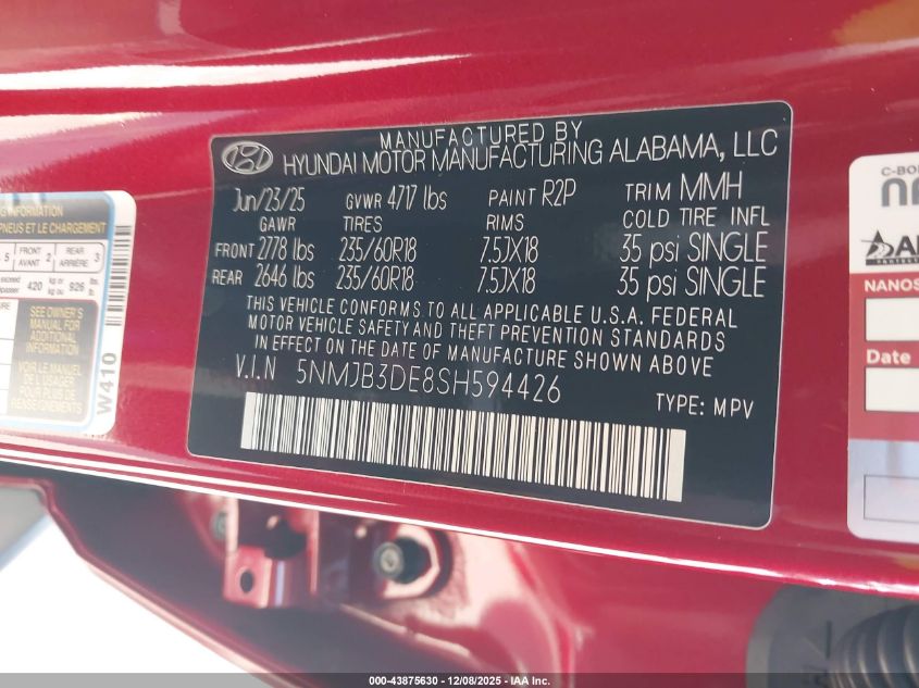 2025 Hyundai Tucson Sel VIN: 5NMJB3DE8SH594426 Lot: 43875630