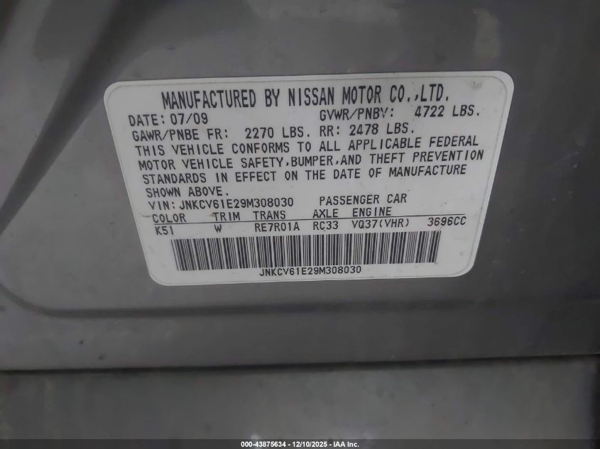2009 Infiniti G37 Journey VIN: JNKCV61E29M308030 Lot: 43875634