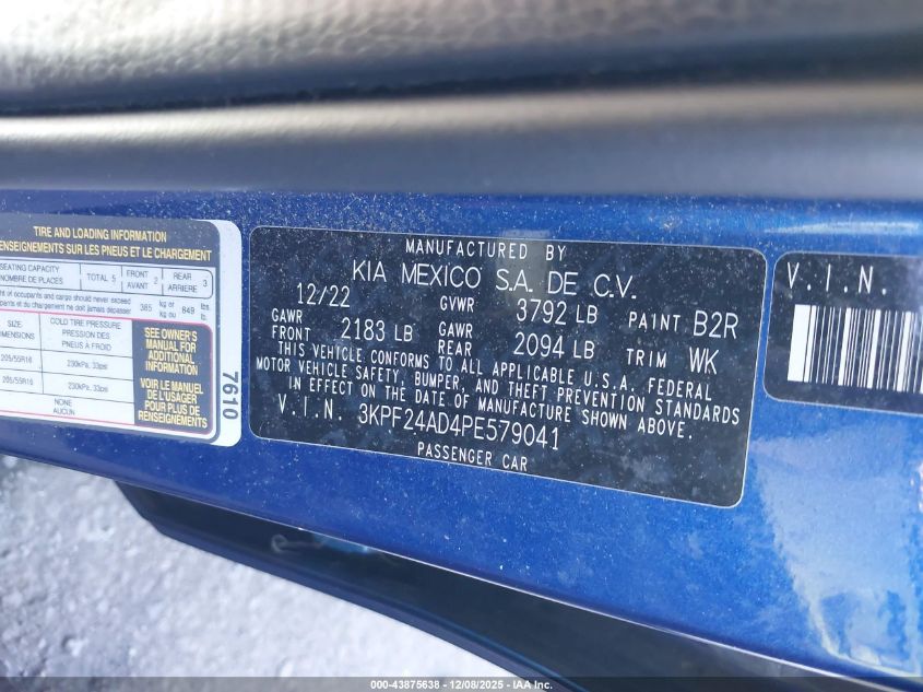 2023 Kia Forte Lxs VIN: 3KPF24AD4PE579041 Lot: 43875638