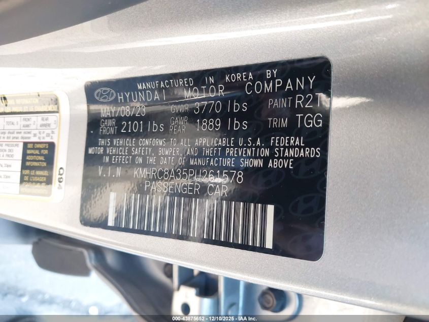 2023 Hyundai Venue Sel VIN: KMHRC8A35PU261578 Lot: 43875652