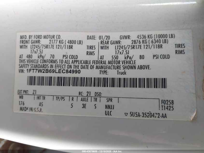 2020 Ford F-250 Xl VIN: 1FT7W2B69LEC84990 Lot: 43875659