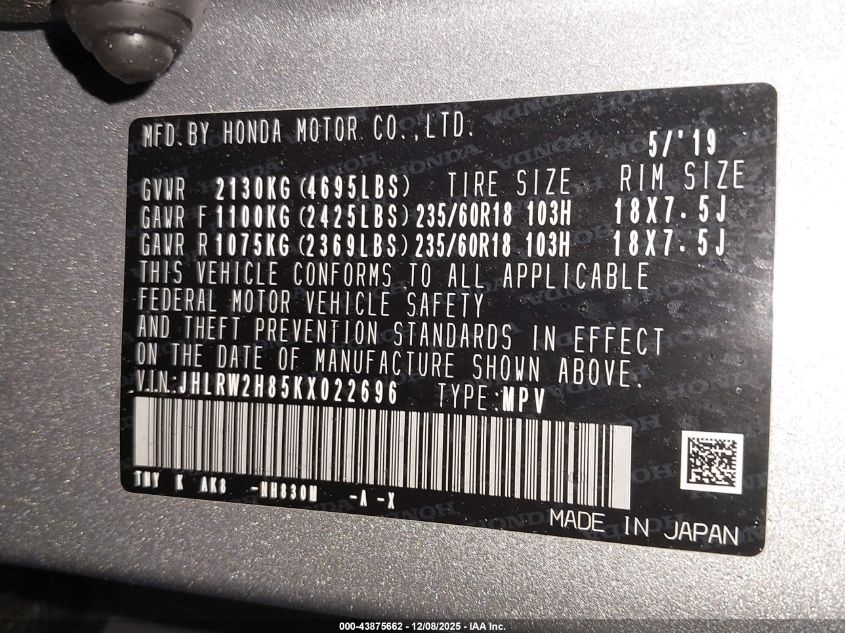 2019 Honda Cr-V Ex-L VIN: JHLRW2H85KX022696 Lot: 43875662