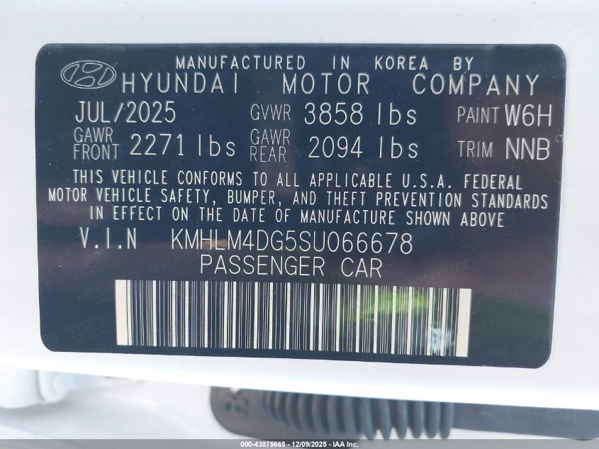2025 Hyundai Elantra Sel Sport VIN: KMHLM4DG5SU066678 Lot: 43875665