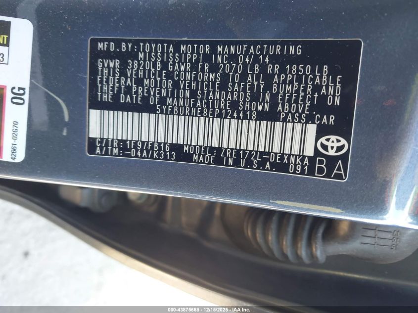 2014 Toyota Corolla Le Plus VIN: 5YFBURHE8EP124418 Lot: 43875668