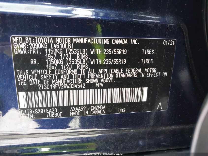 2024 Toyota Rav4 Xle Premium VIN: 2T3C1RFV2RW334542 Lot: 43875679