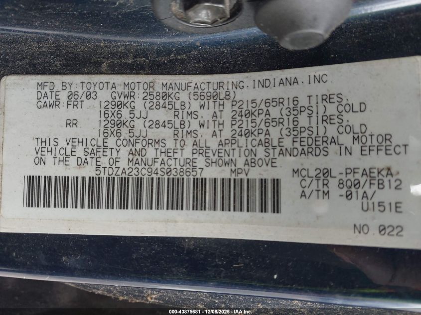 2004 Toyota Sienna Ce/Le VIN: 5TDZA23C94S038657 Lot: 43875681