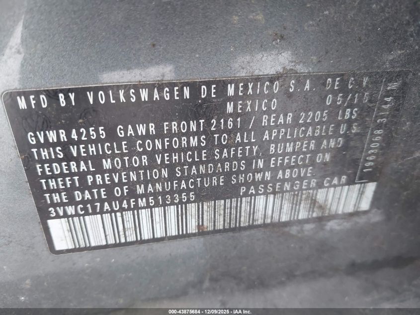 2015 Volkswagen Golf Sportwagen Tsi S 4-Door VIN: 3VWC17AU4FM513355 Lot: 43875684
