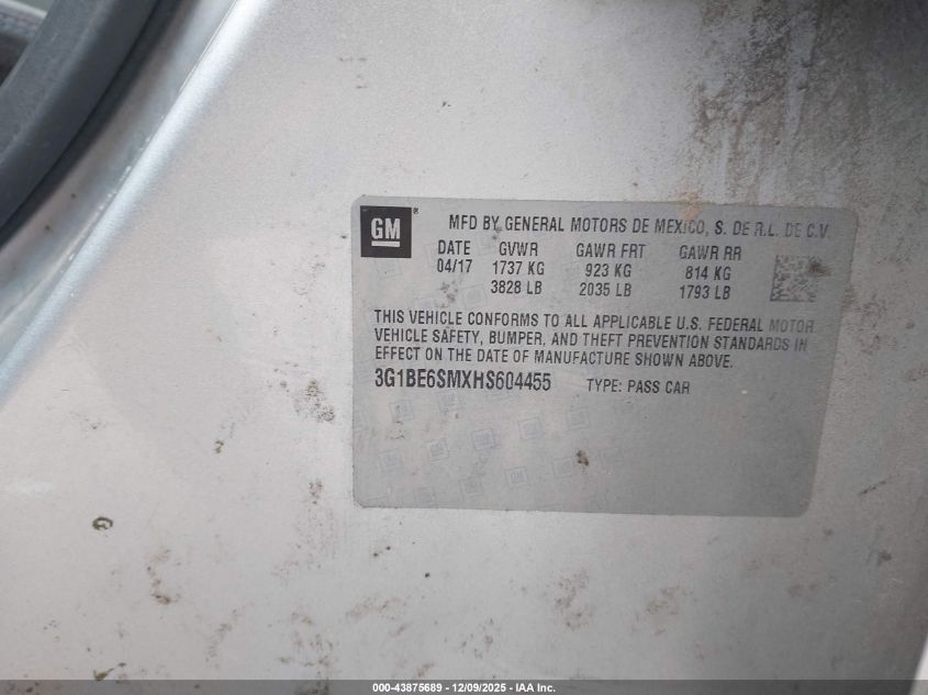 2017 Chevrolet Cruze Lt Auto VIN: 3G1BE6SMXHS604455 Lot: 43875689