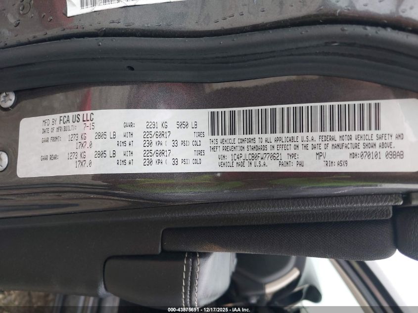 2015 Jeep Cherokee Latitude VIN: 1C4PJLCB0FW770621 Lot: 43875691