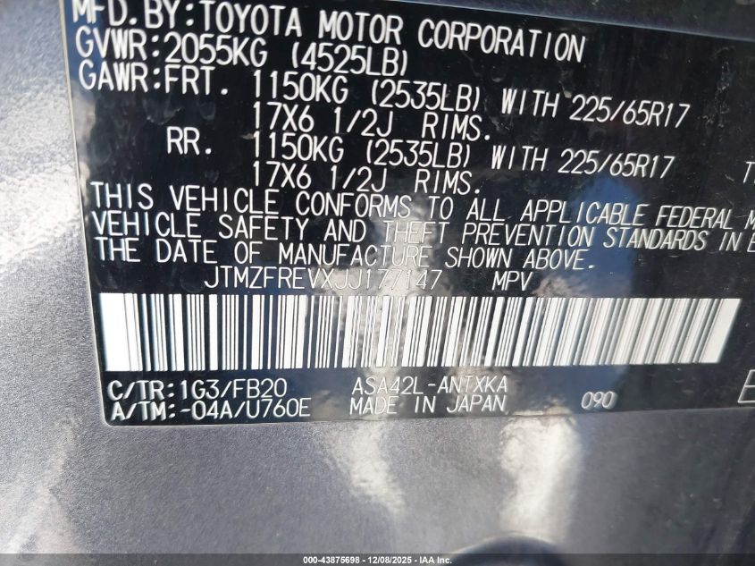 2018 Toyota Rav4 Le VIN: JTMZFREVXJJ177147 Lot: 43875698