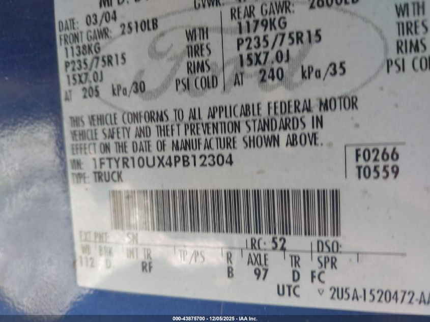 2004 Ford Ranger Edge/Xl/Xlt VIN: 1FTYR10UX4PB12304 Lot: 43875700