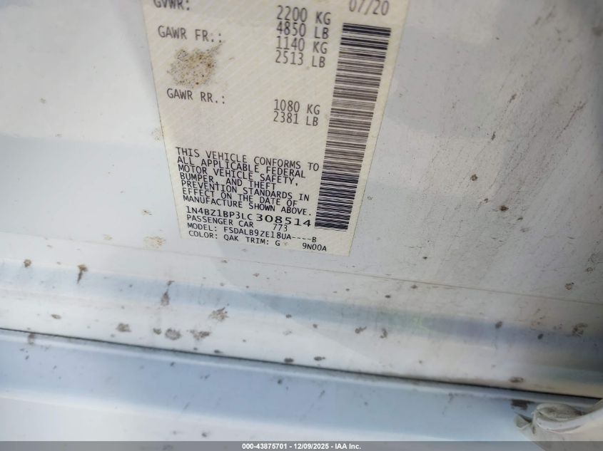 2020 Nissan Leaf S Plus 62 Kwh VIN: 1N4BZ1BP3LC308514 Lot: 43875701