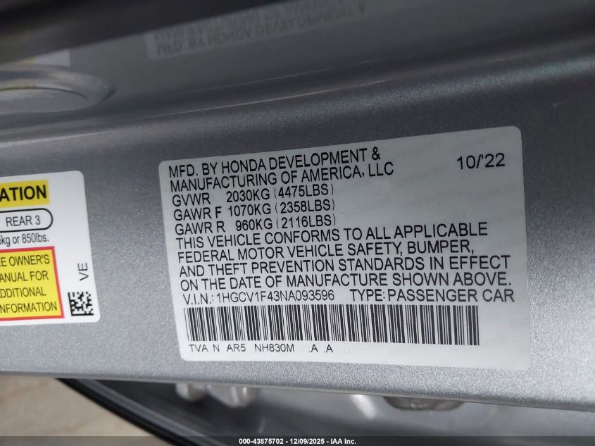 2022 Honda Accord Sport Se VIN: 1HGCV1F43NA093596 Lot: 43875702