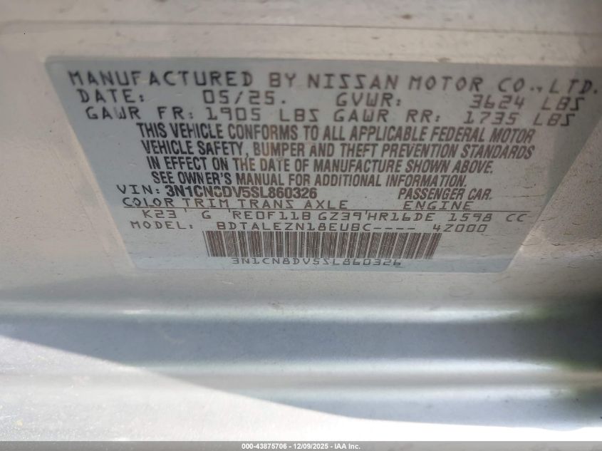 2025 Nissan Versa 1.6 S VIN: 3N1CN8DV5SL860326 Lot: 43875706