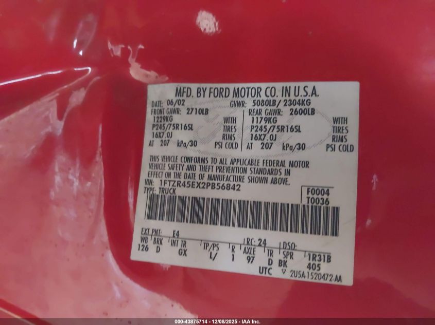 2002 Ford Ranger Edge/Xlt VIN: 1FTZR45EX2PB56842 Lot: 43875714