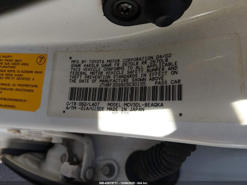 2002 Lexus Es 300 VIN: JTHBF30G925030155 Lot: 43875717