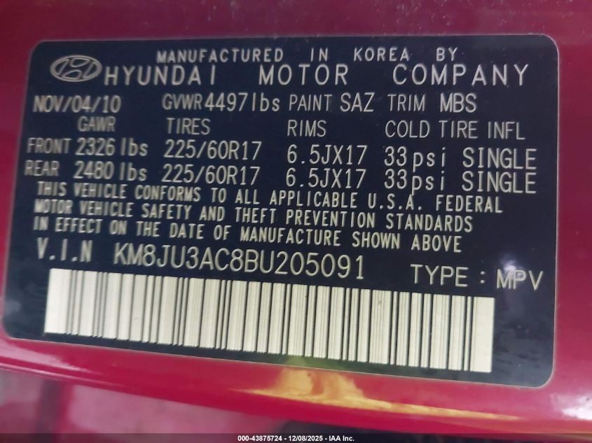 2011 Hyundai Tucson Gls VIN: KM8JU3AC8BU205091 Lot: 43875724