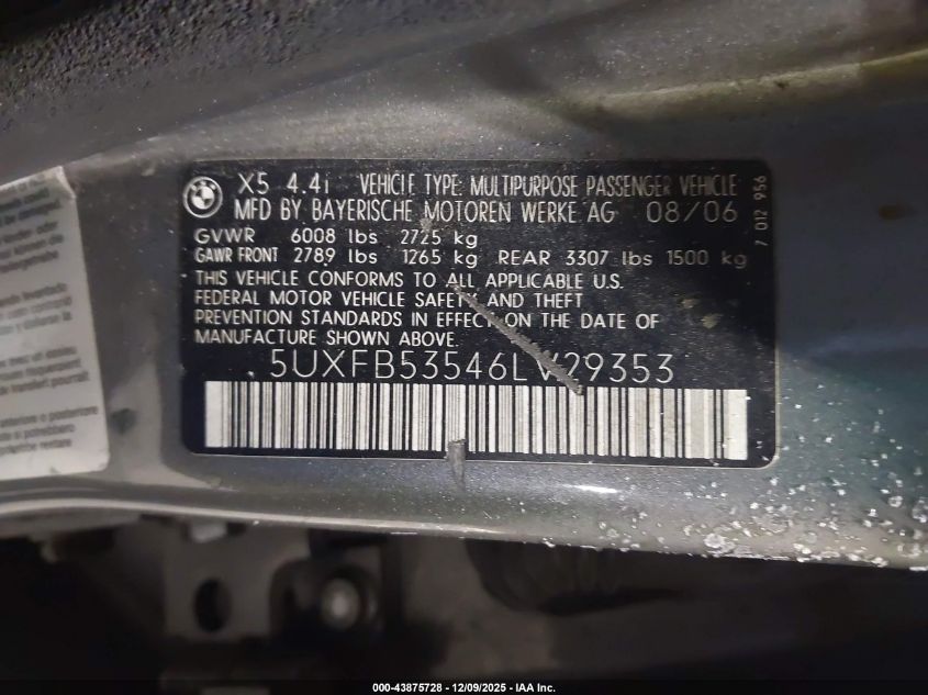 2006 BMW X5 4.4I VIN: 5UXFB53546LV29353 Lot: 43875728