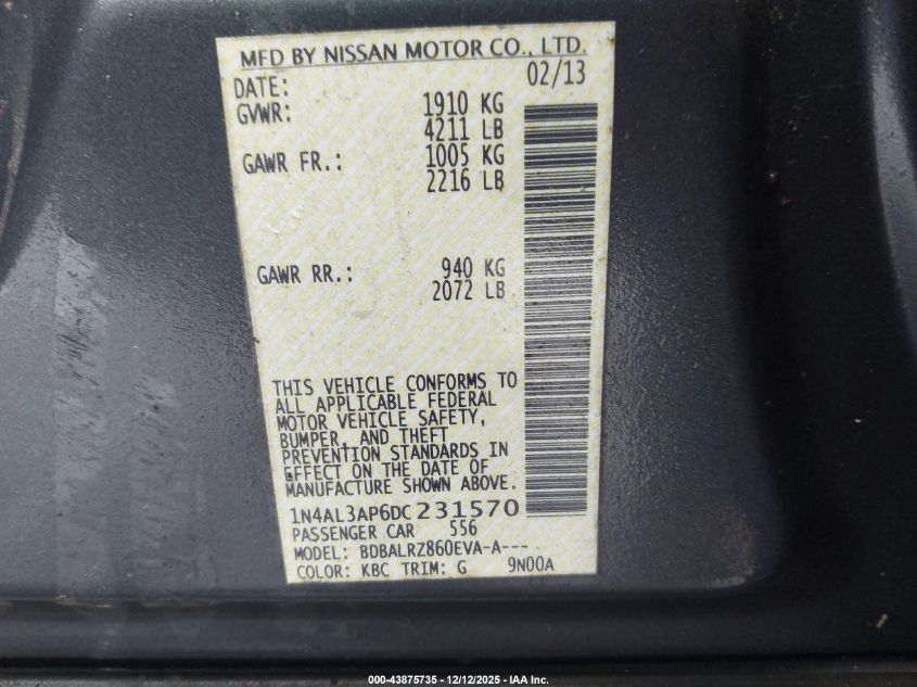 2013 Nissan Altima 2.5 S VIN: 1N4AL3AP6DC231570 Lot: 43875735