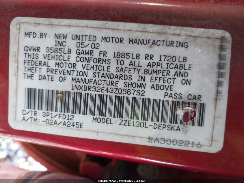 2003 Toyota Corolla S VIN: 1NXBR32E43Z056752 Lot: 43875745