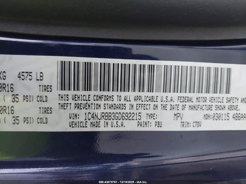 2016 Jeep Patriot Sport VIN: 1C4NJRBB3GD692215 Lot: 43875751
