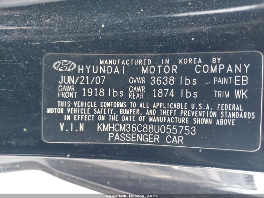 2008 Hyundai Accent Gs VIN: KMHCM36C88U055753 Lot: 43875760