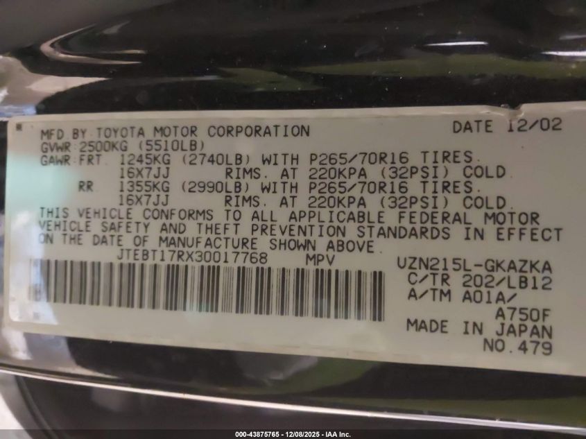 2003 Toyota 4Runner Limited V8 VIN: JTEBT17RX30017768 Lot: 43875765