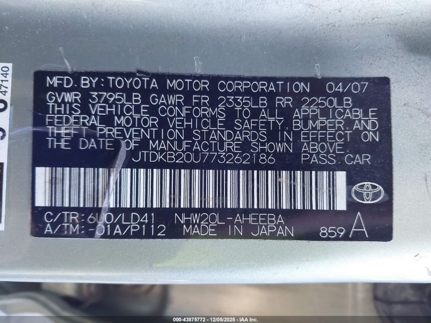 2007 Toyota Prius Touring VIN: JTDKB20U773262186 Lot: 43875772