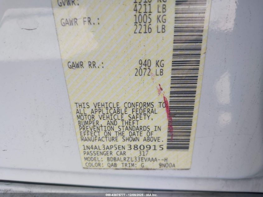 2014 Nissan Altima 2.5 S VIN: 1N4AL3AP5EN380915 Lot: 43875777