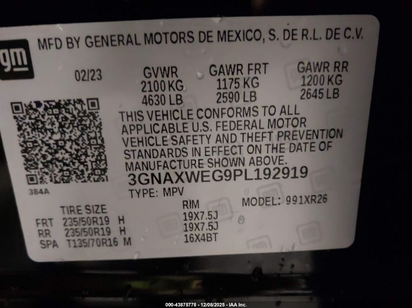 2023 Chevrolet Equinox Awd Rs VIN: 3GNAXWEG9PL192919 Lot: 43875778