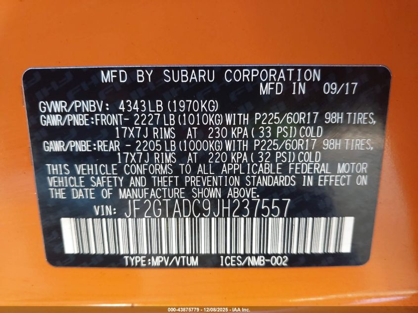 2018 Subaru Crosstrek 2.0I Premium VIN: JF2GTADC9JH237557 Lot: 43875779