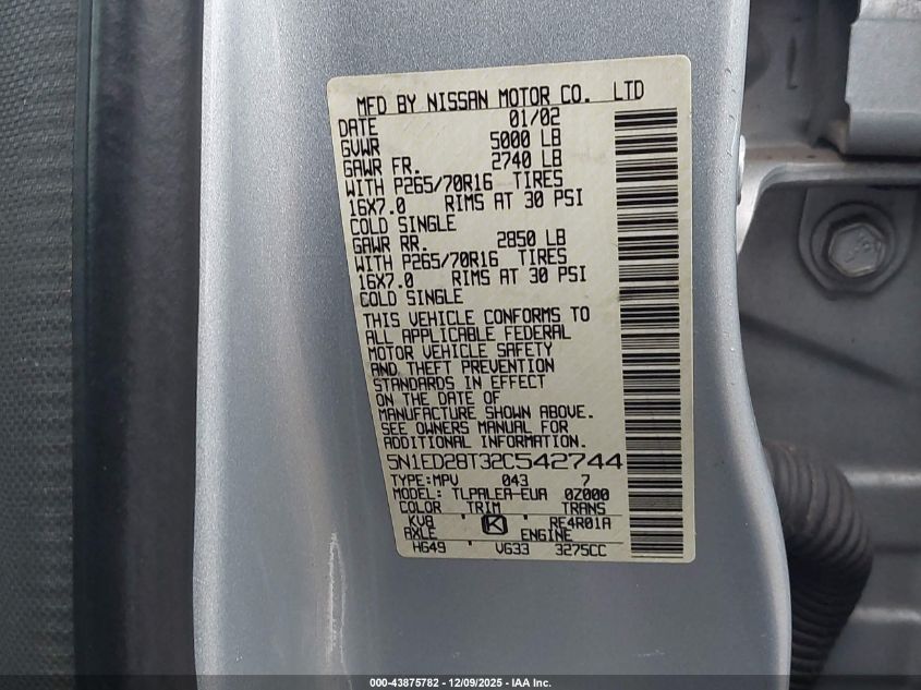 2002 Nissan Xterra Xe VIN: 5N1ED28T32C542744 Lot: 43875782