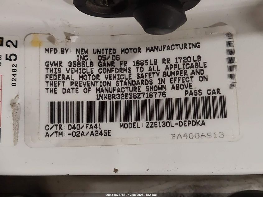 2006 Toyota Corolla Ce VIN: 1NXBR32E36Z718776 Lot: 43875786